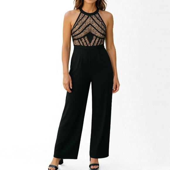 Adelyn Rae Lace-Detail High Neck Jumpsuit Black Beige Size Small New With Tags - Picture 1 of 9